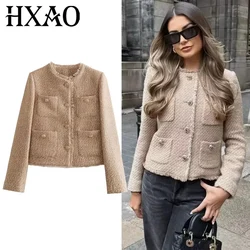 HXAO Jackets Outerwears Cropped Tweed Jacket Women Autumn Long Sleeve Solid Coats Texture Winter Coat Female Elegant Short Coats