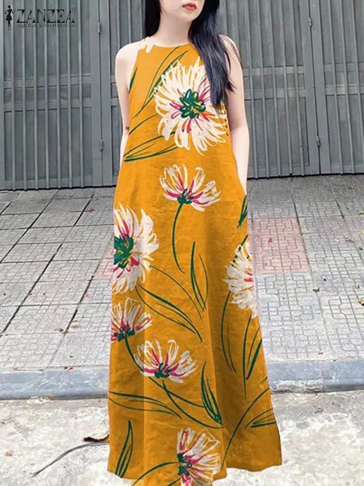 

ZANZEA Bohemian Holiday Sleeveless Maxi Dress Women Casual Loose Floral Print O Neck Long Robes 2024 Summer Vacation Sundress