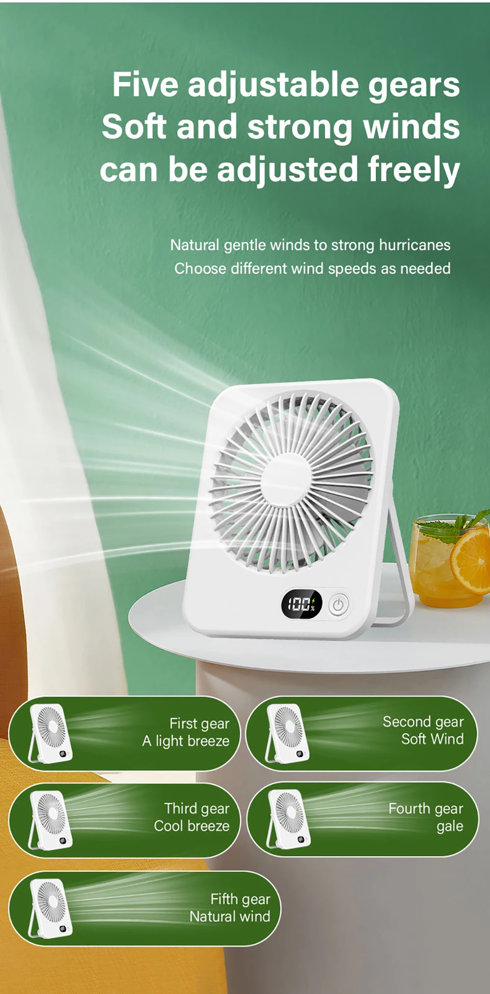 Tragbarer Mini-Ventilator, USB-Tischventilator, faltbare Tischventilatoren mit 5 Geschwindigkeiten, leistungsstarker Wind, wiederaufladbarer Wandventilator, kleine Campingventilatoren – Detail 3
