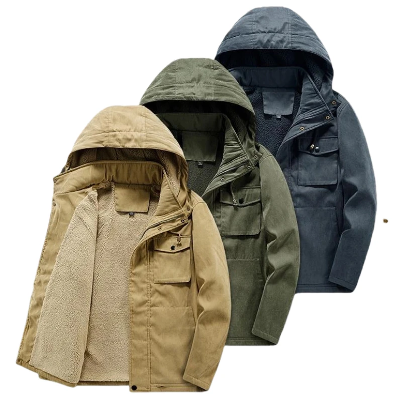 

Autumn Winter Men's Cotton Jacket New Washed Jacket Velvet Lining Cargo Casual Long Sleeve Pockets Jackets Male Fleece Parkas