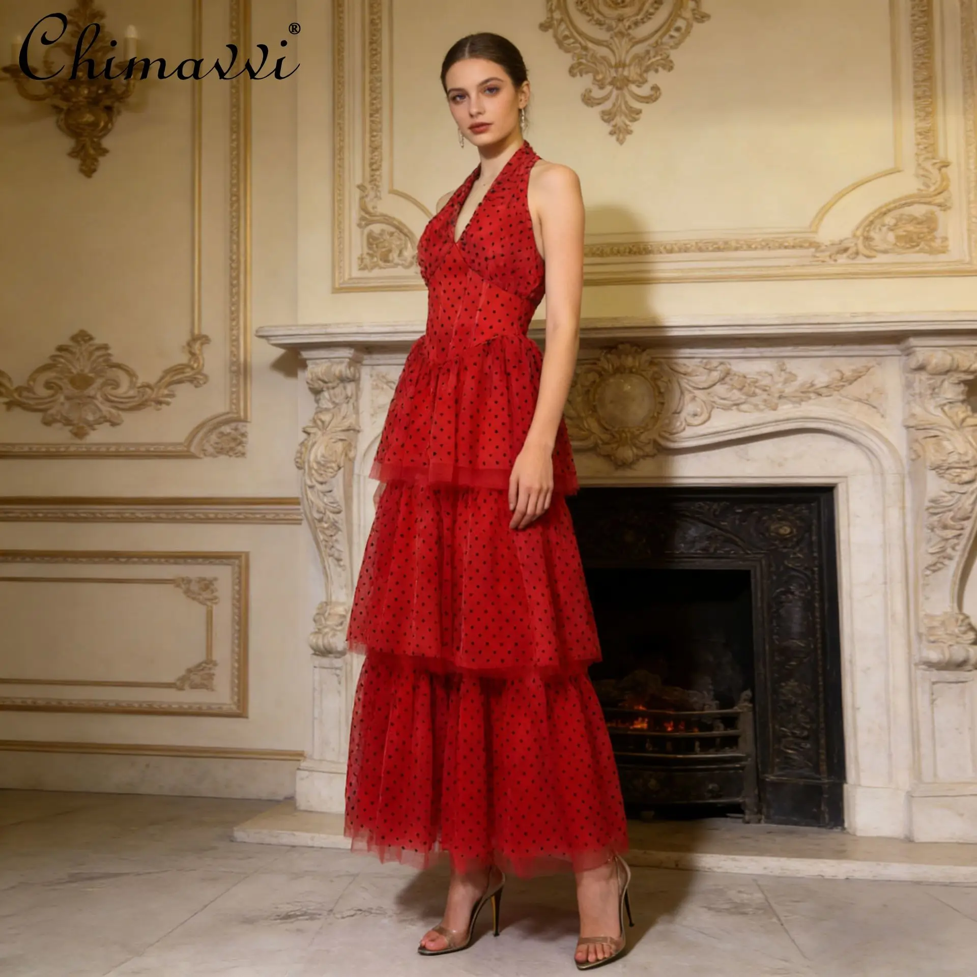 2026 verão francês elegante retro halter com decote em v vestido de noite sem mangas cintura alta a linha em camadas malha dot vestido longo para mulher