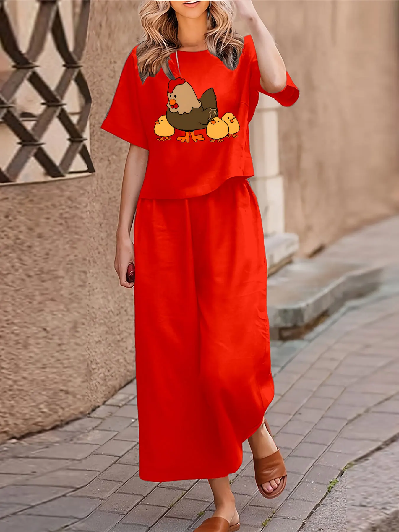 Conjunto informal de dos piezas de talla grande para mujer, traje estampado, camiseta de manga corta, pantalones, conjunto de dos piezas con cuello redondo holgado