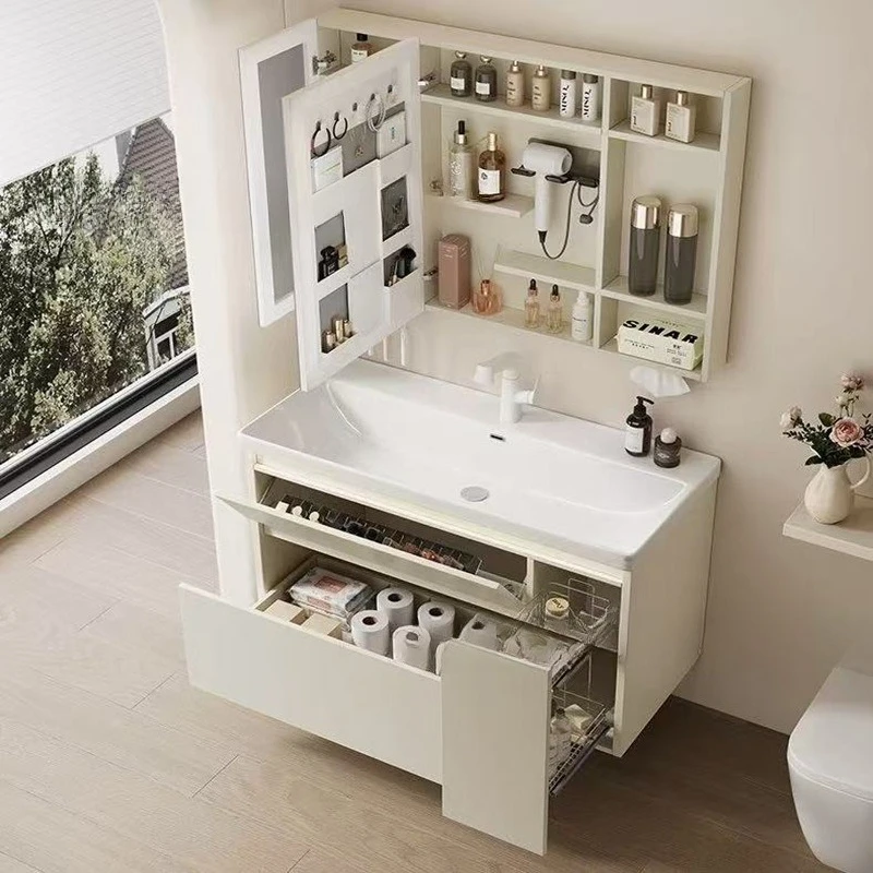 

Japanese cream wind honeycomb aluminum pull basket bathroom cabinet deepened ceramic integrated basin combination multi