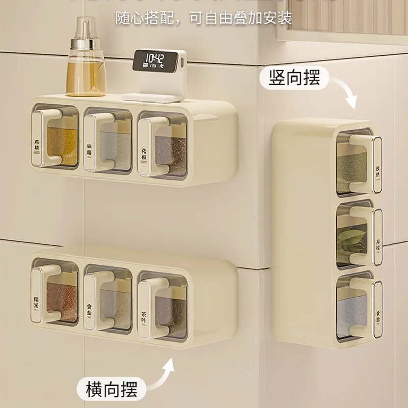 Wall Mounted Spice Organizer with Drawer Seasoning Boxes, Dustproof Kitchen Storage Rack Dispenser for Salt Sugar Pepper
