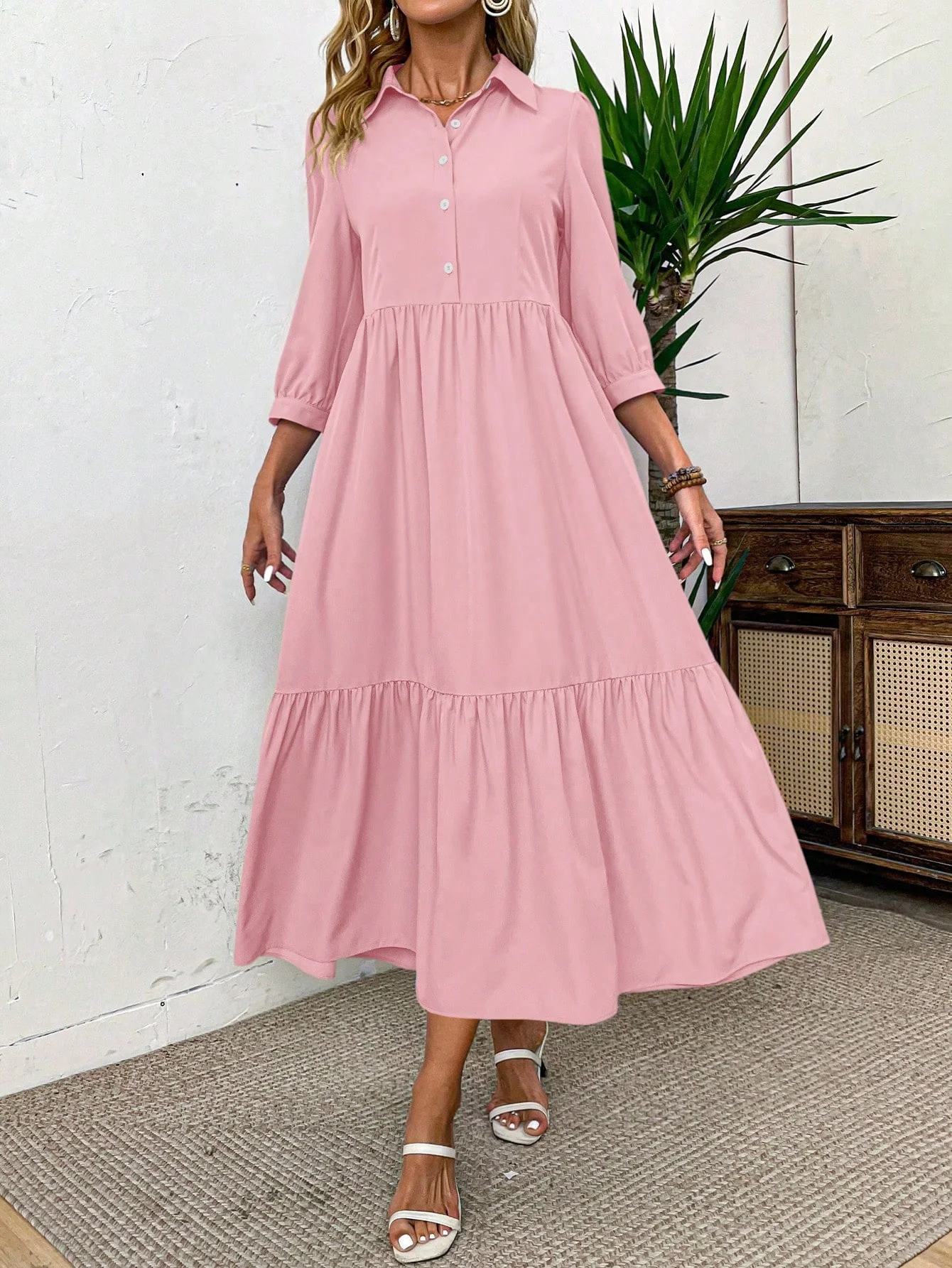 

Women's Solid Ruffle Hem Smock Dress Women Outfit Casual Long Dress