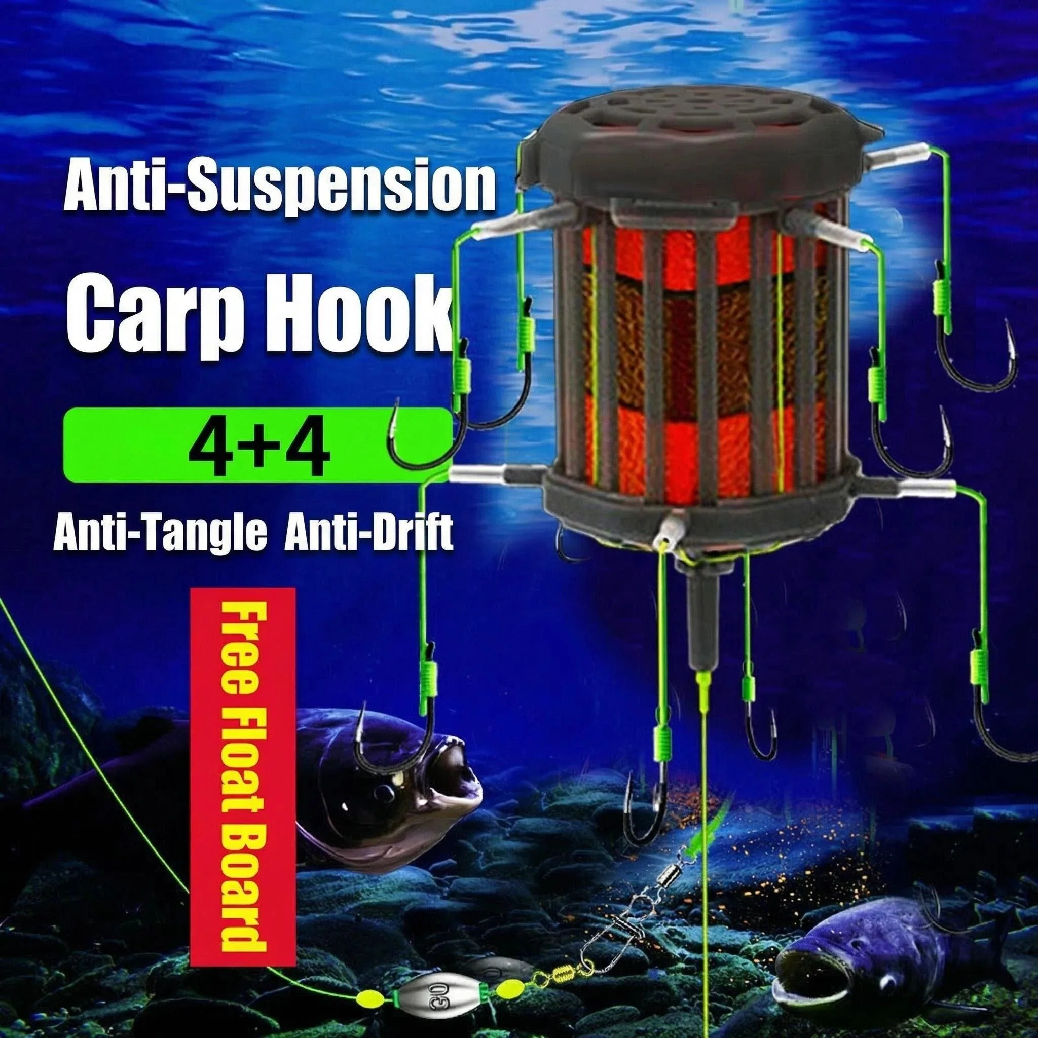 Bottom Fishing String Hook Bait Cage 8-Hooks Line Group Feeder Sinker Float Fishing Rig for Carp Angling Tackle Accessories