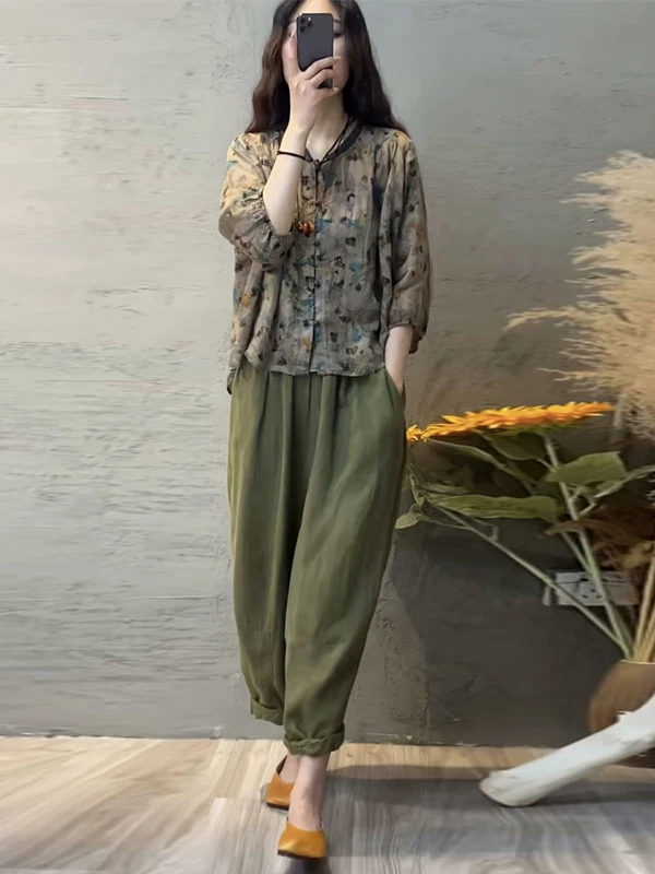 

Casual Cotton Linen Set Women's Spring Autumn plus Size Meat Covering Print Top Harem Pants Two Piece Set Faionable Ensemble