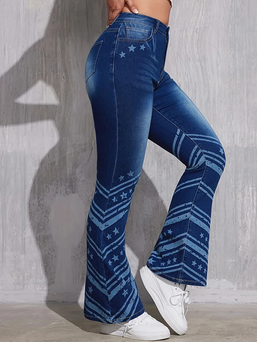 RORORIRI Women American Flag Print Flare Jeans Blue Washed Whiskers High Rise Slim Fit Bootcut Denim Pants Y2k Vintage Clothes