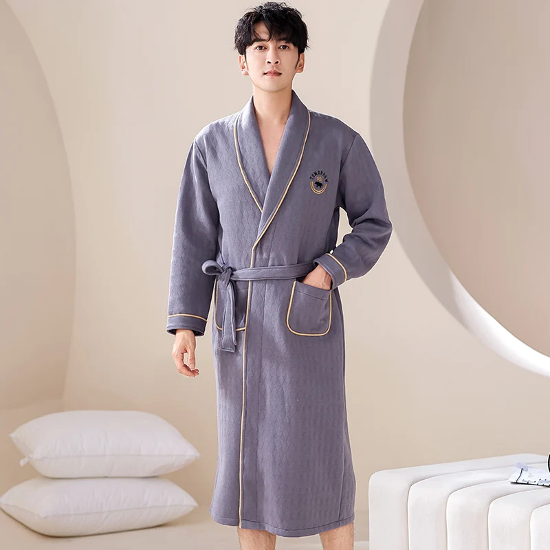 Men's pajama with three-layer thin cotton lapel and double pockets design embroidered letters on the chest men's bathrobe