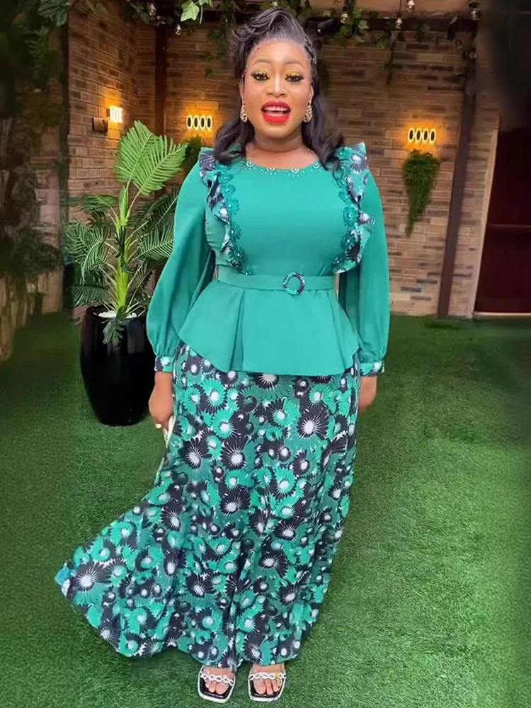 アフリカ服女性のためのシフォン 2 点セット長袖トップススカートスーツ Dashiki プリント衣装 2025 ウェディングパーティーイブニングドレス