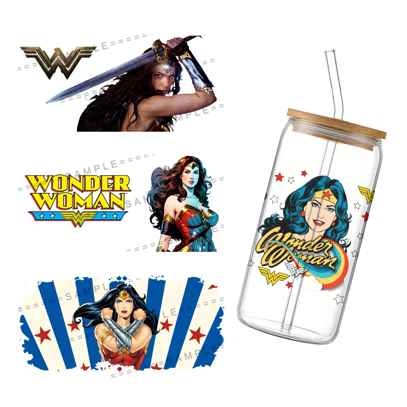 DC Wonder Woman UV DTF Cup Wrap for 16Oz Libbey Diana Prince Glass Can DIY Transfer Sticker