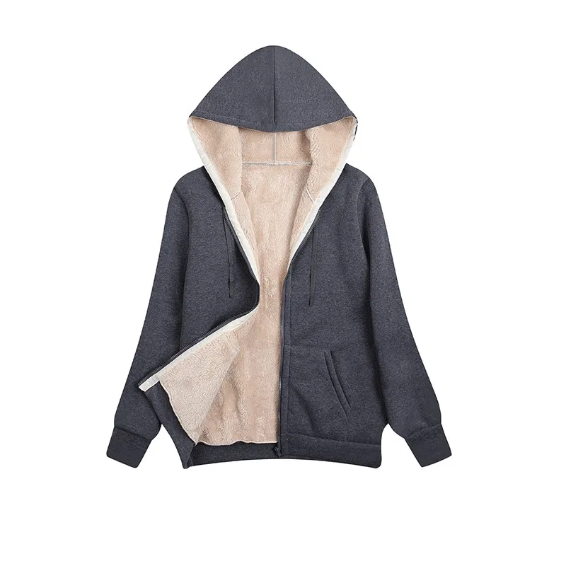 Women's And Women's Winter Clothing Sale Zip-Up Hoodie Loose Fit Long Sleeve Fleece Lined Solid Color Full Zip Pocket Casual view 3