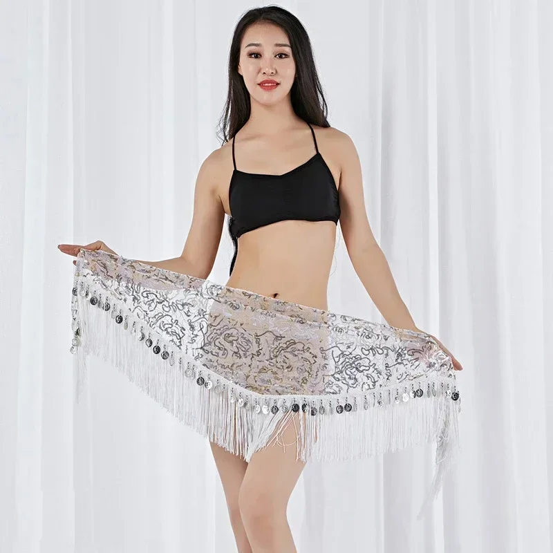 여성용 댄스 웨어 액세서리, 프린지 메쉬 스팽글 베이스, 삼각형 벨트, 밸리 댄스 힙 스카프, 동전 (골드/실버), 신제품