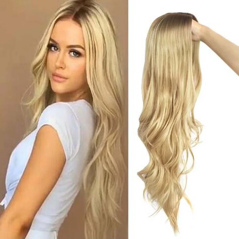 Women Synthetic Wavy Full Wig Blonde Dark Root Middle Part Curly Hair