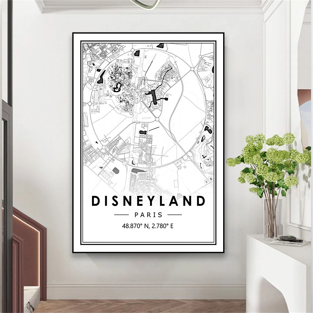 Disneyland Paris Poster Black and White Print Minimal Scandinavian Nordic Art Canvas Painting Home Kitchen Reading Room Decor