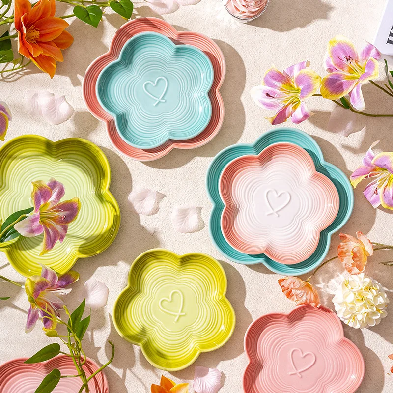 

High Temperature Underglaze Ceramic Dinner Plate Gradient Color French Dessert Plate Home Fruit Plate Floral Design
