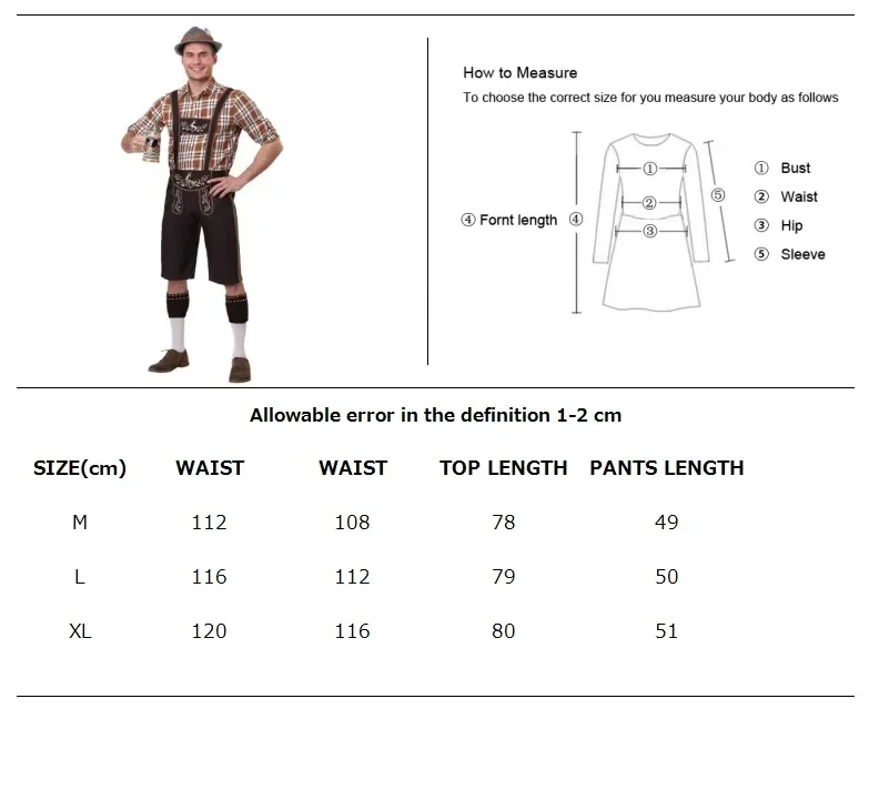 Niemcy Oktoberfest Suspender Lederhosen Shirt Hat Outfit Costume Bavaria Beer Festival Halloween Fancy Dress