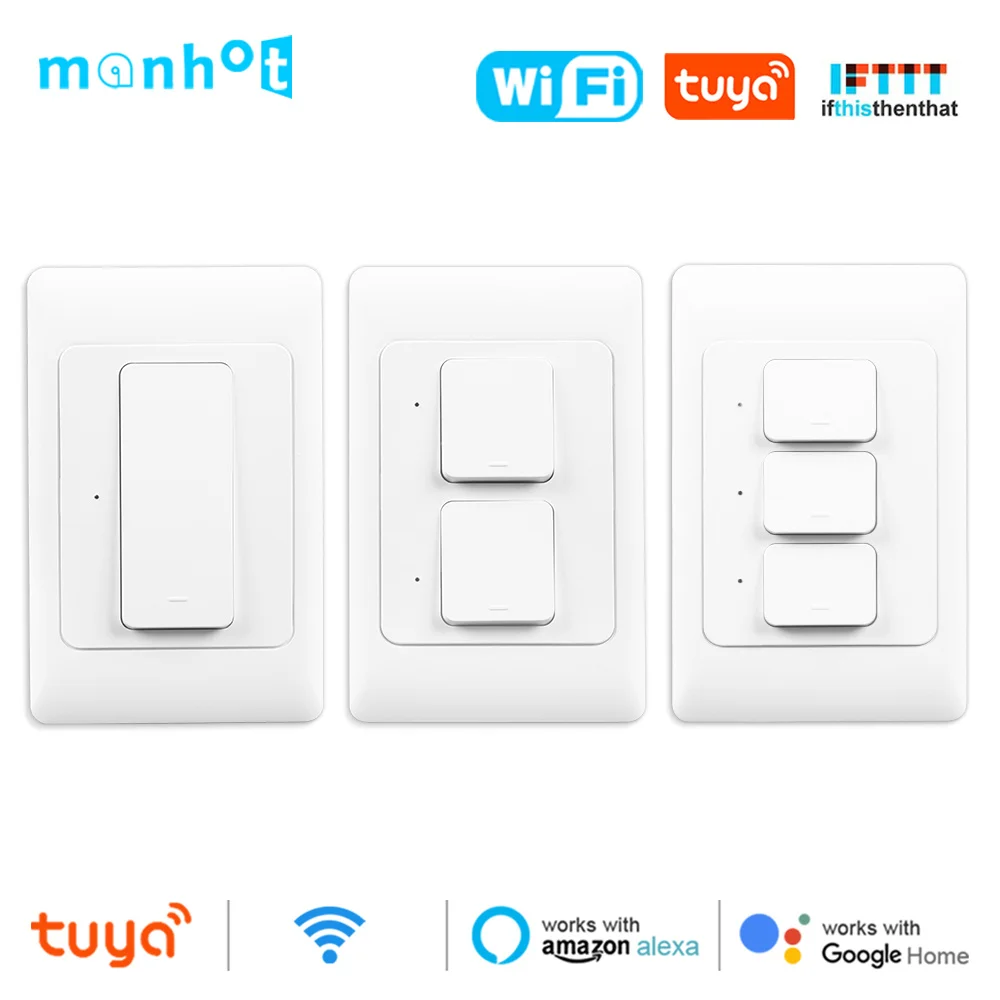 

Tuya WiFi Light Switch Smart Wall Push Button Interruptor Switches 110-240V 1/2/3Gang Physical Lamp Switch Neutral Wire Optional