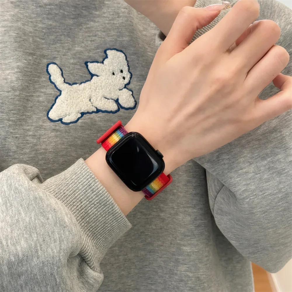 INS Pride Rainbow Nylon Sticker Band Loop For Apple Watch 45mm 41 40 44 42 38mm Lovely Soft Sports Strap For Series 9 8 7 6 5