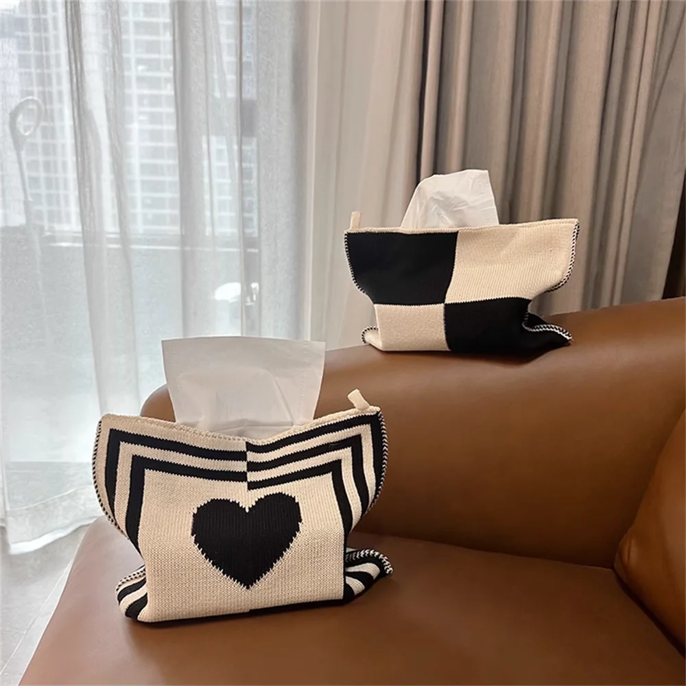 Decoration Knit Desktop Tissue Box Foldable Reusable Heart and Plaid Napkin Cover Dustproof Home Livingroom Car Paper Towels Bag