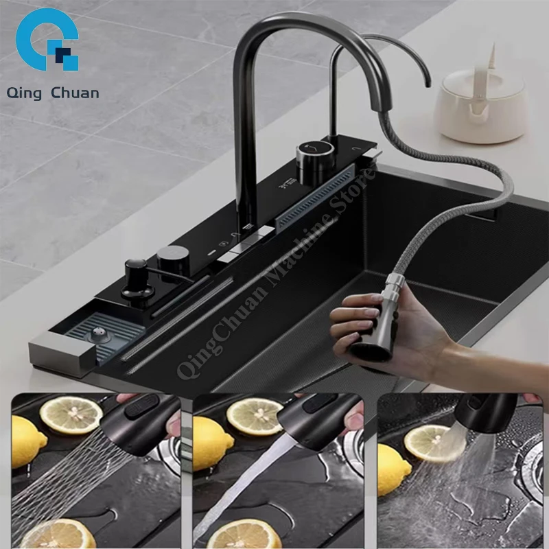 Sink Stainless Steel Large Single Groove Multifunctional Embossed Digital Display Kitchen Nano Sink Household Washing Up Sink