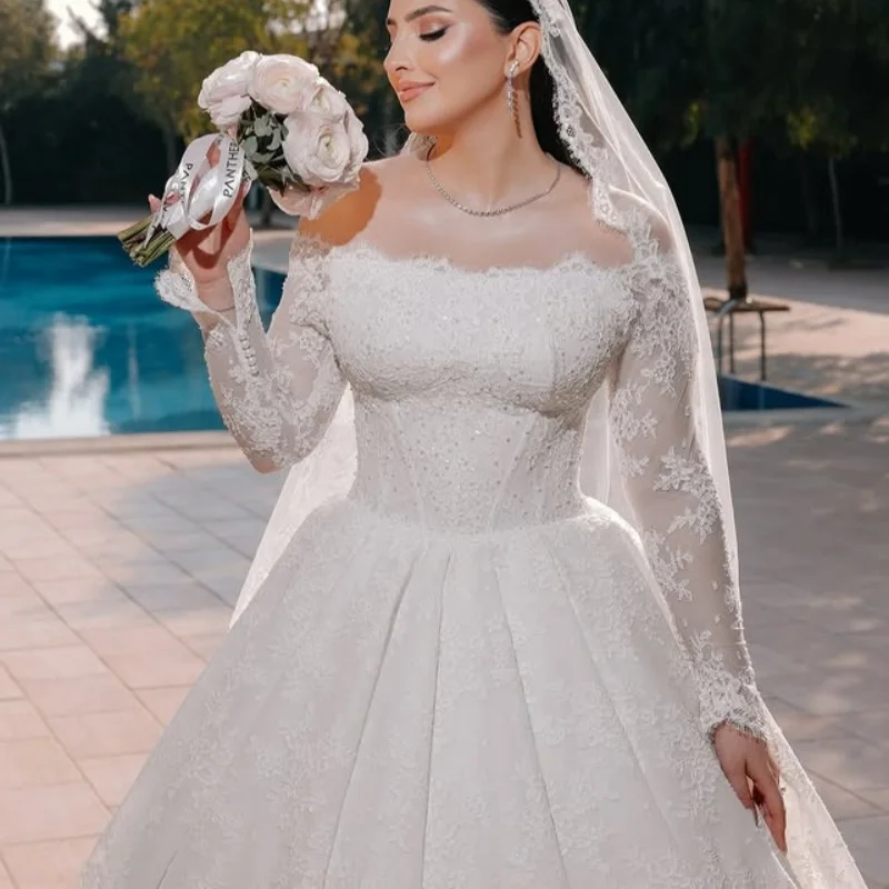 

White Appliques Wedding Dresses off-shoulder Lace decal A skirt Bridal tail Gowns Made Customized