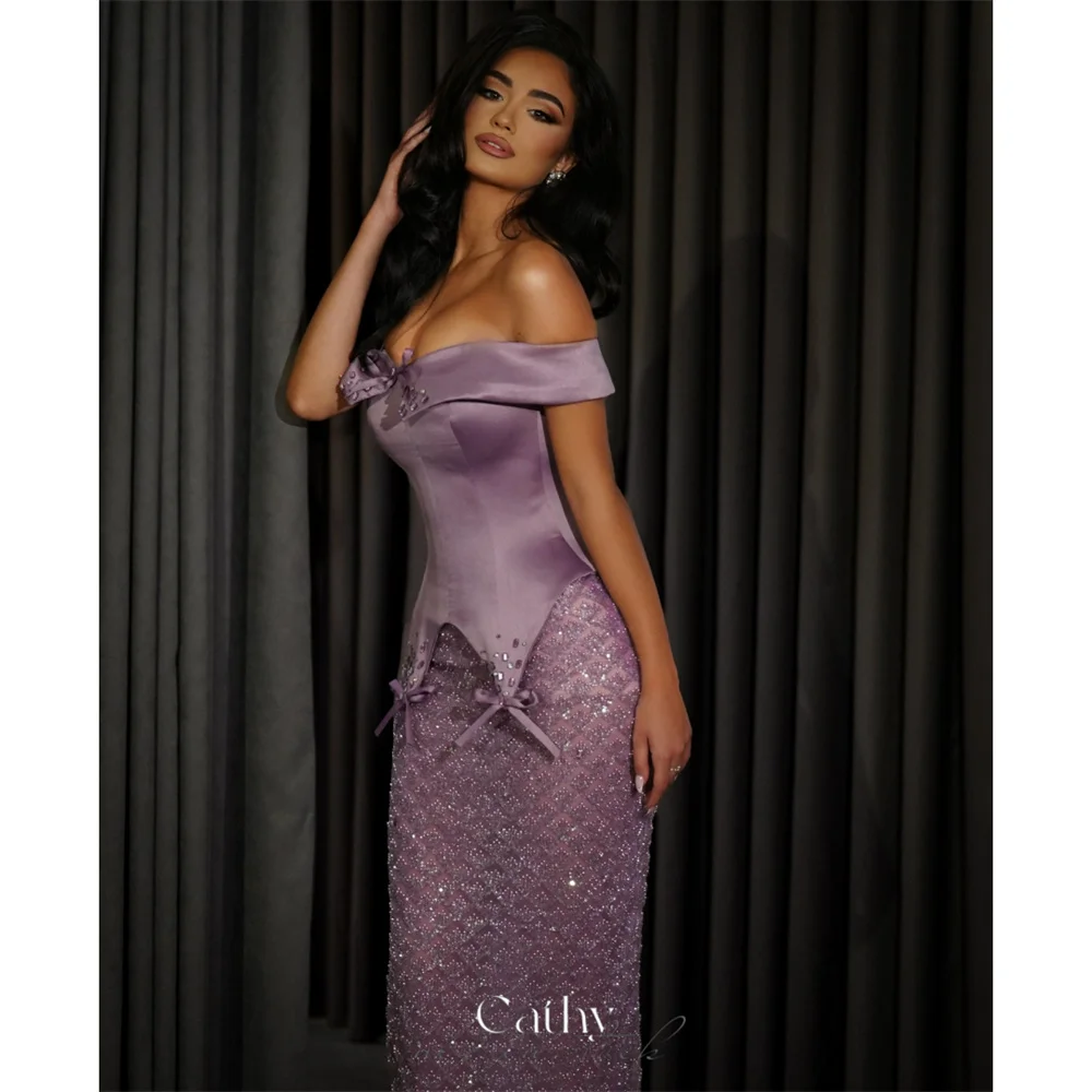

Cathy Customized Purple Off Shoulder Beaded Prom Dresses Bow Sleeveless Luxury vestidos de noiva Corset Mermaid Formal Evening