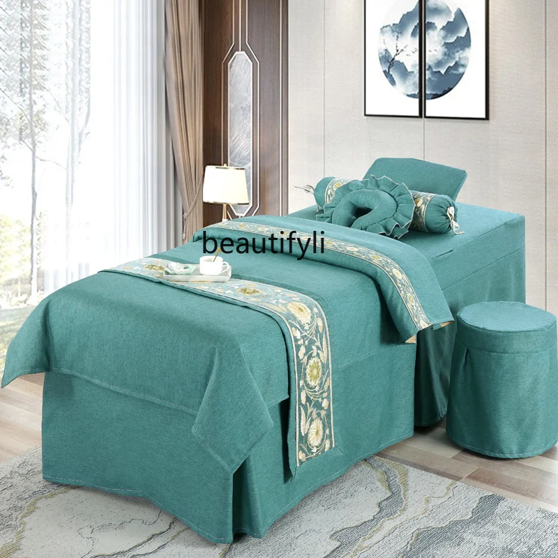 Facial Bed Four-Piece Cotton Linen Bedspread High-Grade Breathable Fabric Facial Bed Four-Piece Set Containing Duvet Insert