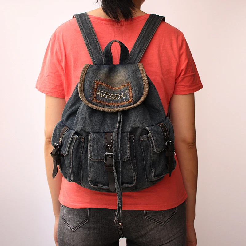 Trendy Retro Denim Drawstring Backpack Women's Bag Fashionable Casual Canvas Shoulder Bag Commuter Style Vertical Square Shape