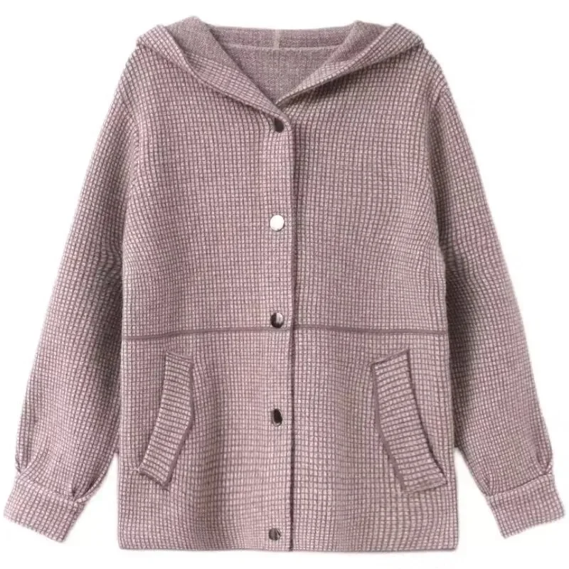 2024 NEW Spring Autumn Female Plaid Cardigan Jacket Hooded Knitted Coat Middle Aged Women Casual Cardigan Sweater Overcoat 4XL