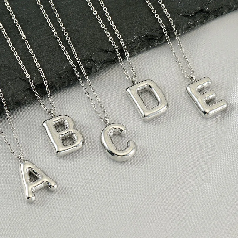 Cute Silver Stainless Steel 18K Gold Plated Balloon Bubble 26 Initial Letter Necklace For Women Daily Wear Jewelry Wholesale