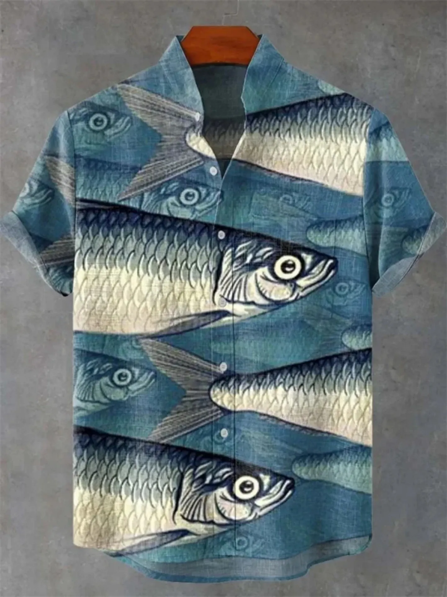 Fashionable Hawaiian men's 3D printed fish design pattern men's button up stand collar comfortable breathable casual plus size l