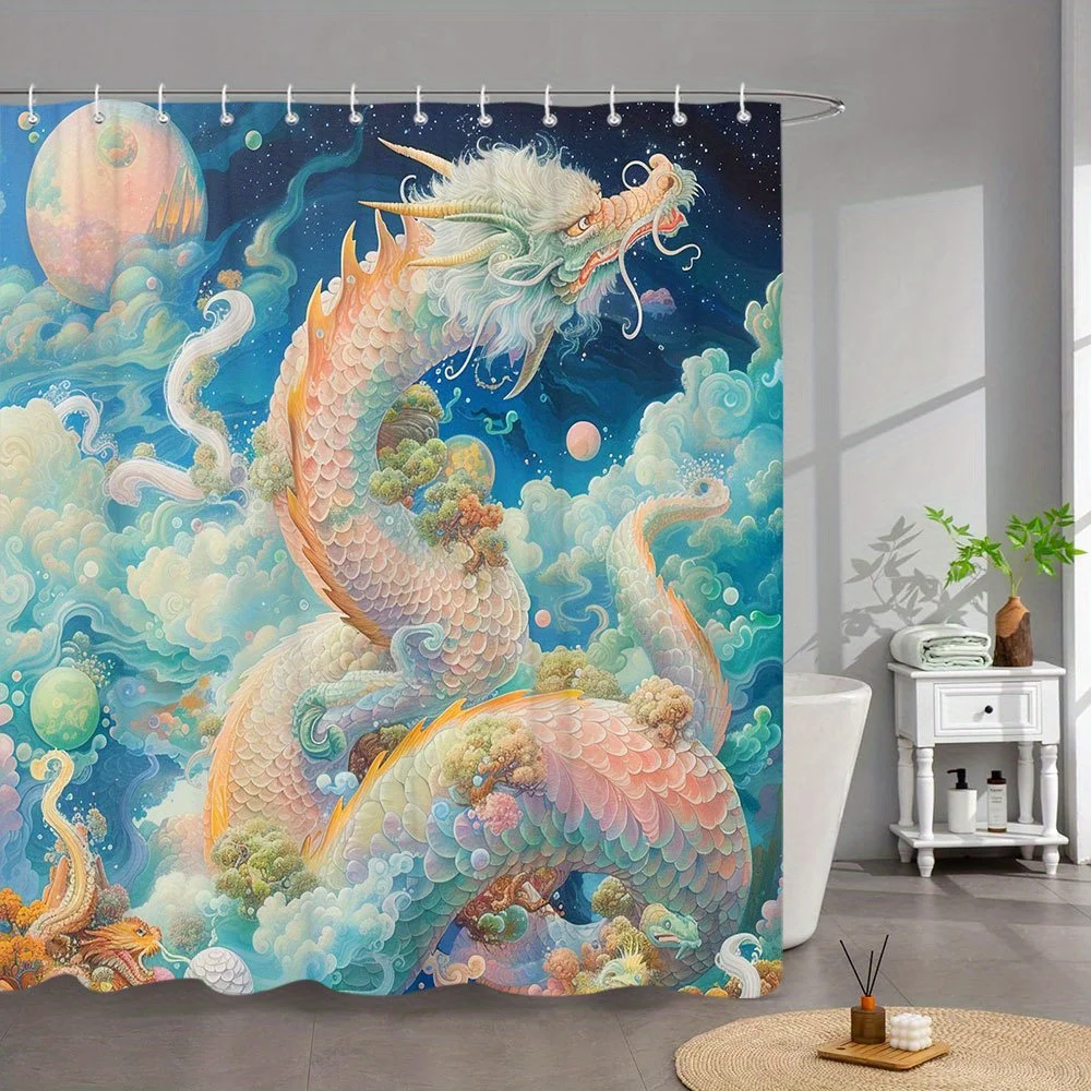 

1 шт. Занавеска для ванны «Космический дракон» — яркий фэнтезийный арт-дизайн с розовыми, зеленью и золотистыми чешуями, звездным ночным небом и небесной элимой