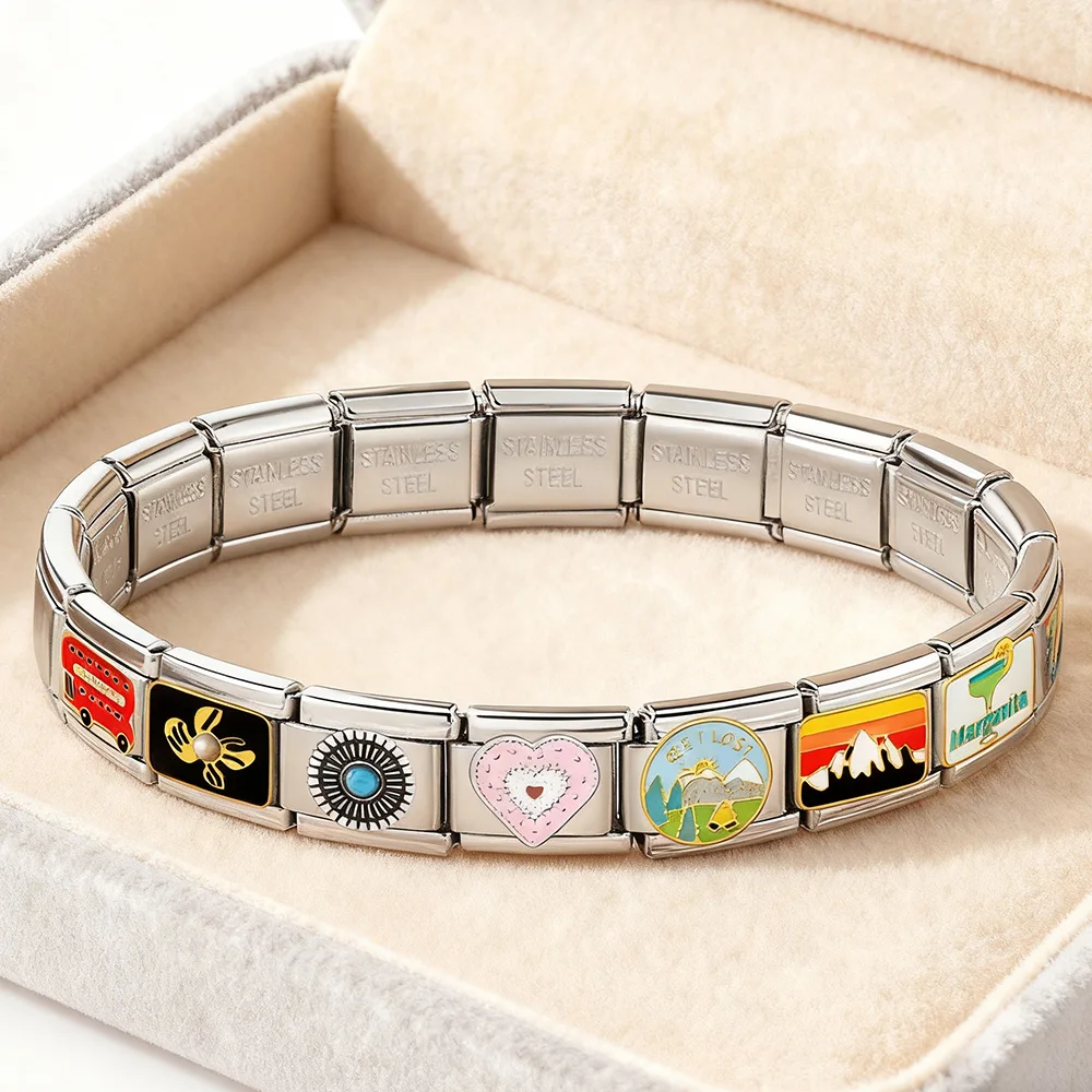Modisches Buntes Herz-Auge-Bus-Vulkan-Sonnenaufgang-Charm Italienisches Gliederarmband 9mm Edelstahl für DIY Schmuckherstellung Damen Herren – Detail 2