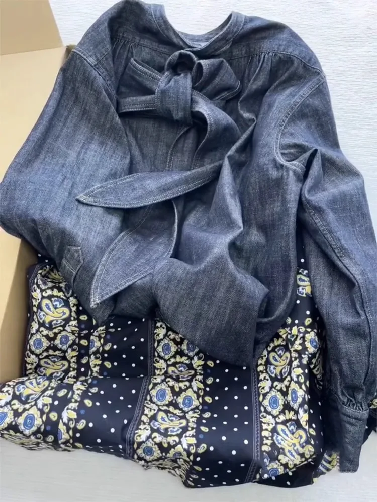 

Уникальный красивый ранняя весна синий джинсовый женский повседневный высококачественный топ свободного покроя круглый Ne Long Sve Lantern S...