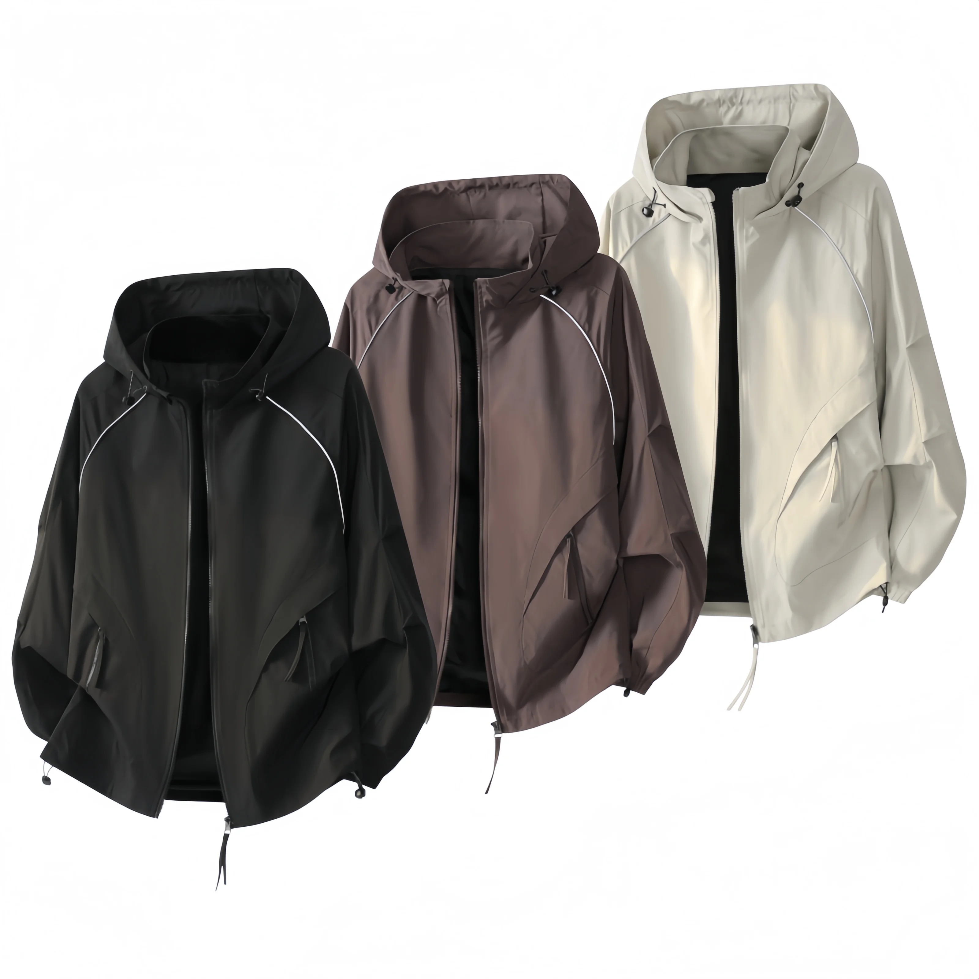 Plus Size Men Reflective Stripe Hooded Jacket Drawstring Hood Full‑Zip Windproof Lightweight Zipper Pockets Streetwear Hiking Ou