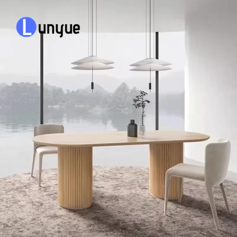 Japanese Log Style Rectangular Solid Wood Dining Table and Chair Set Rounded Corner for Hotel Restaurant Bar Coffee Shop