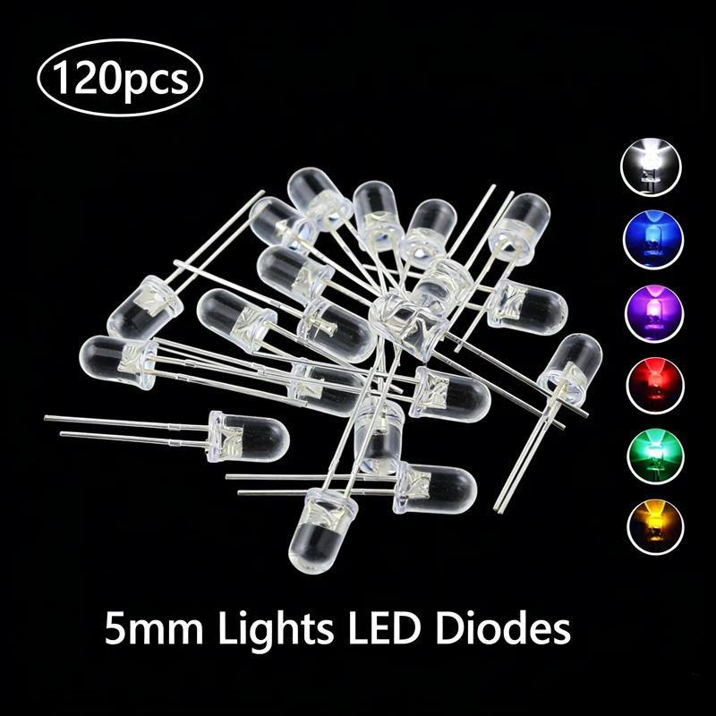 120pcs 5mm LED Diodes, 6 Colors 20pcs for Each Color, Transparent Lens Light-emitting Bulb Combo Kit, Indicator Lights