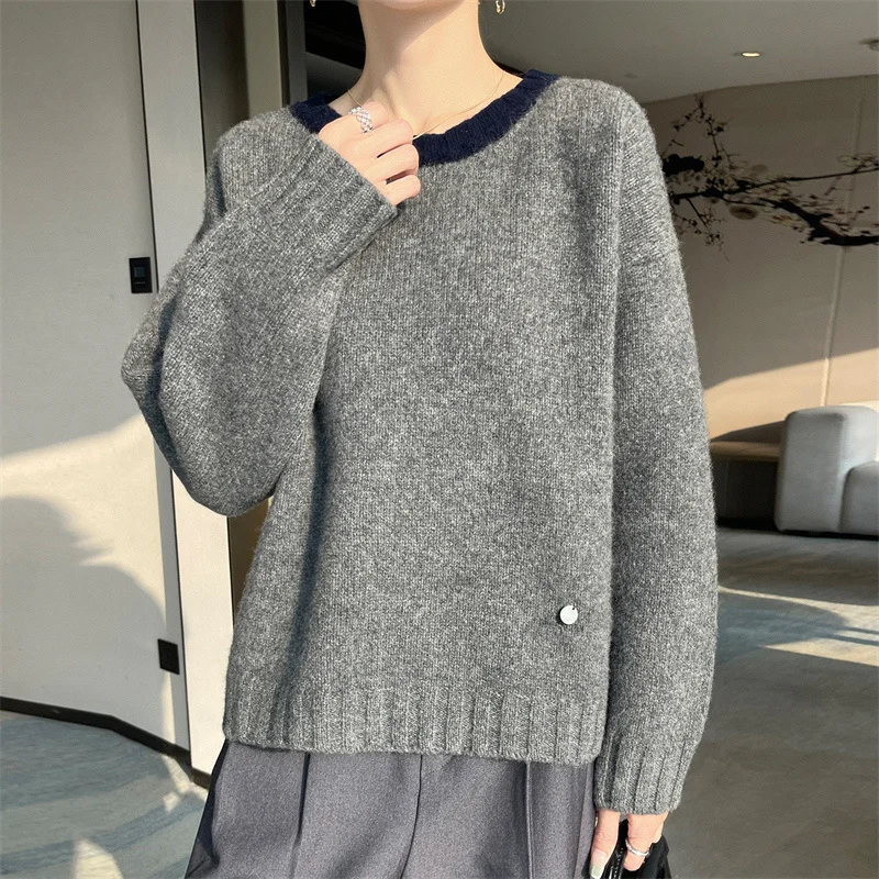 رائجة البيع جديد 100% ميرينو الصوف السيدات الجولة الرقبة سترة فضفاضة الراقية طويلة الأكمام الكشمير متماسكة البلوز المرأة الخريف/الشتاء #4