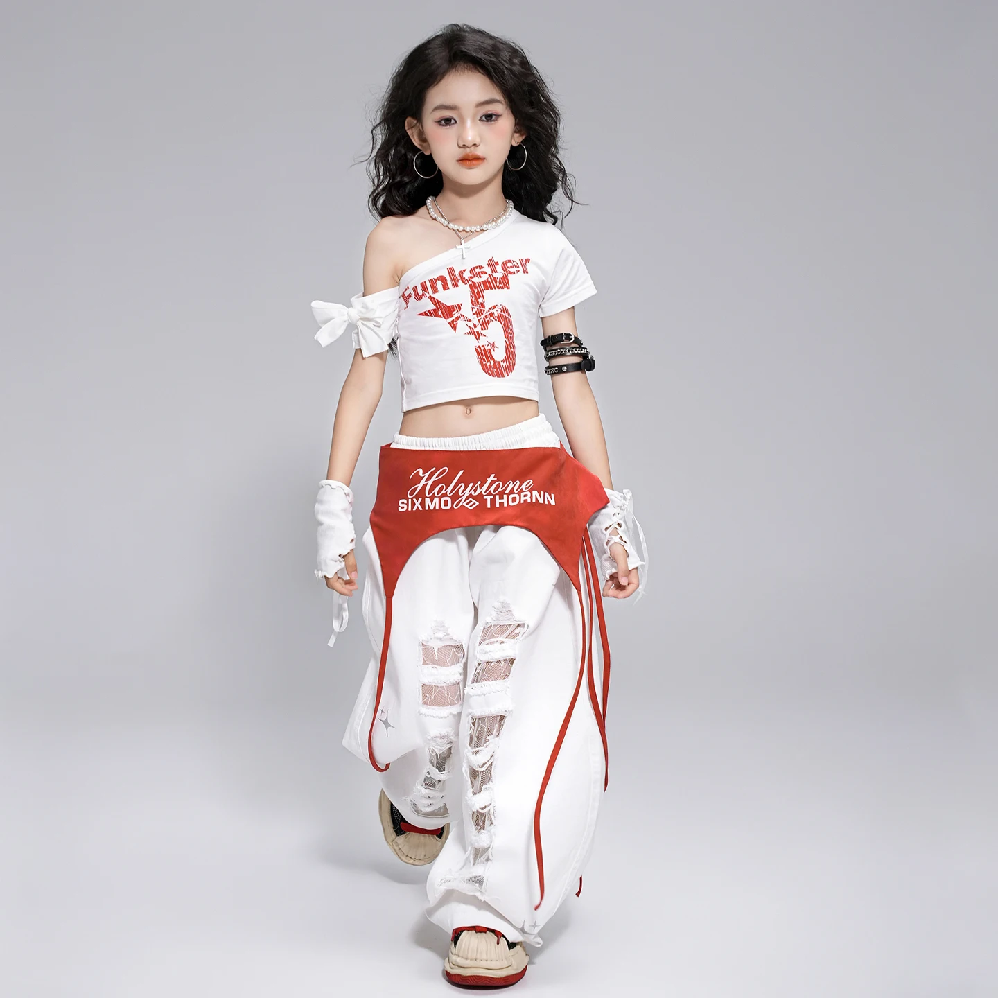 Girls K-pop Clothing Sweet Crop Top White Pants Hip Hop Clothes Kids Jazz Baggy Pants Children Streetwear Street Dance Costume