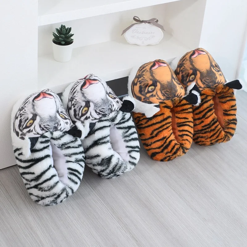 Winter Unisex Cartoon Tiger Warm Plush Slippers Couple's Indoor Non-slip House Slides Men And Women Toe Wrap Home Cotton Shoes