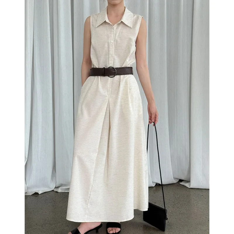 فستان قميص جديد من القطن والكتان من جوهنيتشر مع حزام للنساء لصيف 2025 فساتين جديدة غير رسمية فضفاضة الخصر بدون أكمام