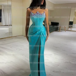 Vestidos de Noche sin tirantes de cristal brillante de lujo para mujer, Vestidos sexis de sirena de satén con abertura lateral para fiesta y graduación, Vestidos personalizados 2025