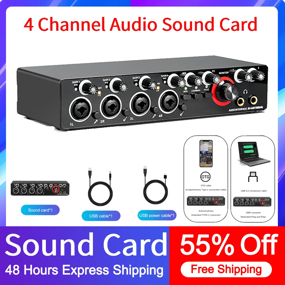 

4 Channel Audio Interface Sound Card for Recording Studio Professional Portable with Loopback Monitor 48V Phantom for Audio