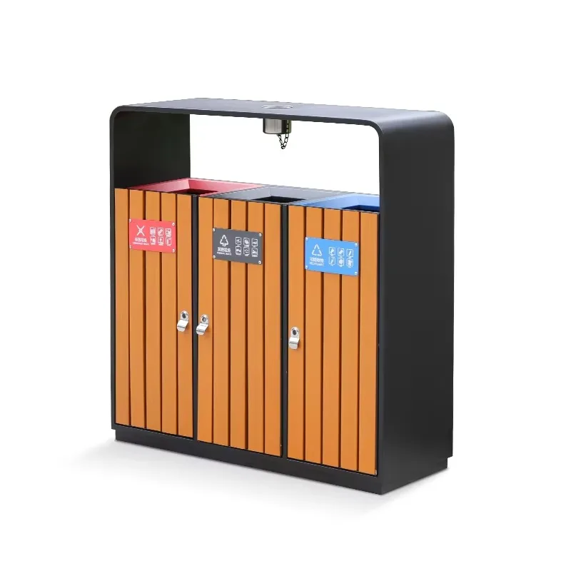 

Galvanized Steel Outdoor Bins with 3 Compartment Garden Dust Bin Outdoor Commercial Trash Cans with Plastic Wood for Public Area