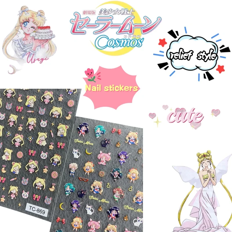 Niedliche Cartoon-Nagelaufkleber mit geprägtem Sailor Moon Tsukino Usagi, Moon Bunny, für Tagebücher, CCD-Geräte, Wasserbecher, Tablets und Nägel