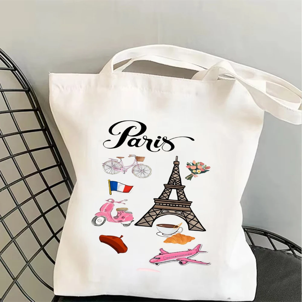 Canvas Tote Bag Paris Landmark Doodle Eiffel Tower Arc Triomphe Print Handbag for Travel Lover Daily Casual Shopping Bag