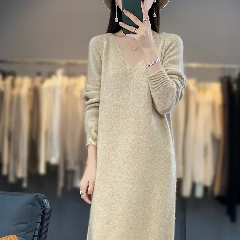 Tailor Sheep Winter Women Merino Wool Knitted Skirts Suit Elegant Thicken Warm V-Neck Pullover and Split Skirts Outfits Office