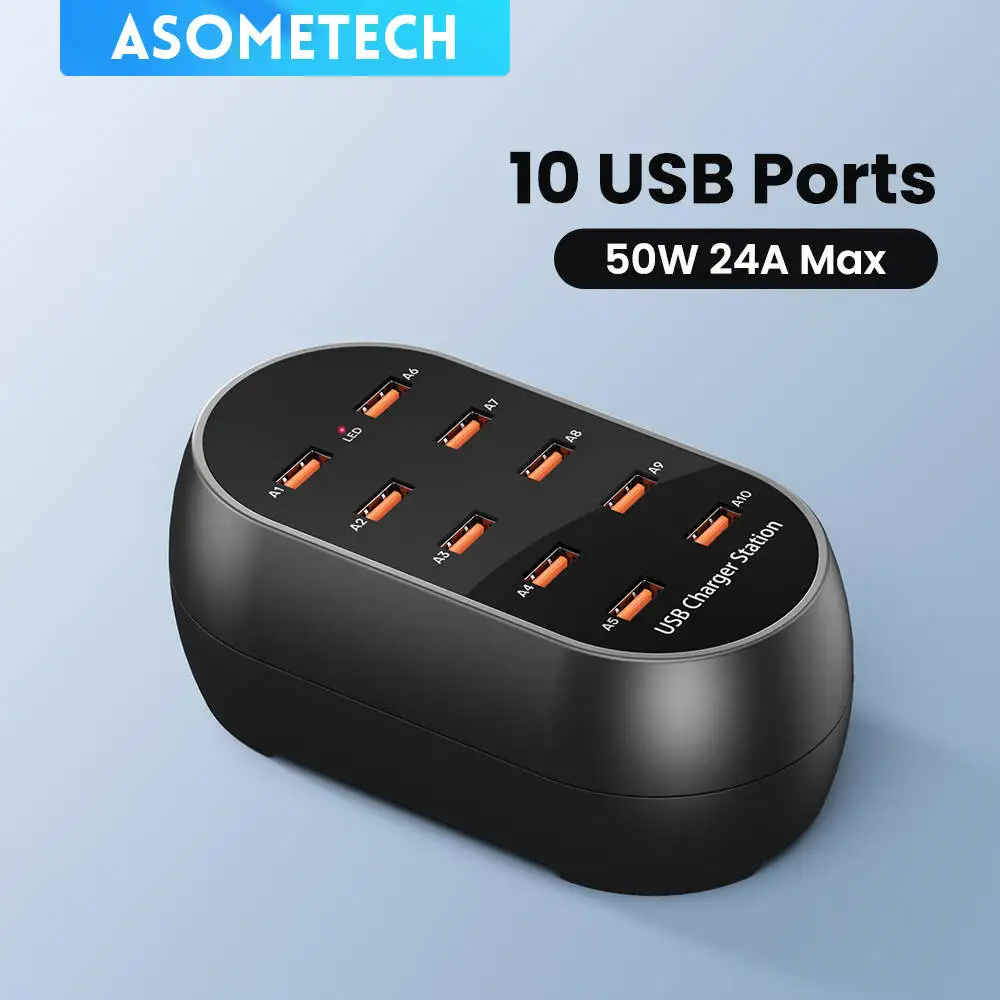 

10 портов, 50 Вт, USB-зарядная станция, многопортовый USB-концентратор, настольное зарядное устройство для Iphone 16 15 Pro, Samsung, планшета, Ipad, несколько устройств
