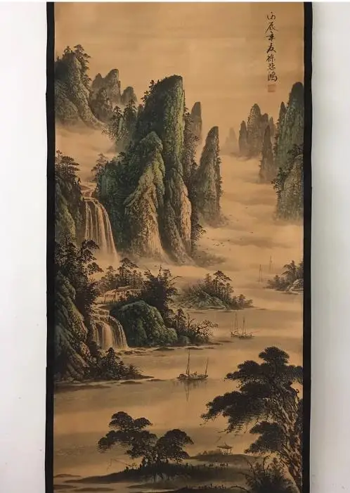 Antique Hand-painted Chinese Scroll painting,long axis of Landscape pine tree, #08,Home Decoration,best collection & adorn